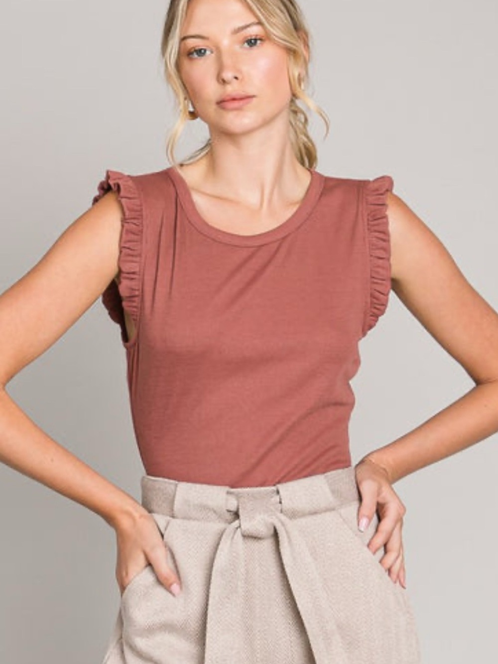 NWT sz L Ruffle Sleeve Tank Top Bodysuit Dusty Rose - bodycon slim fit $42!